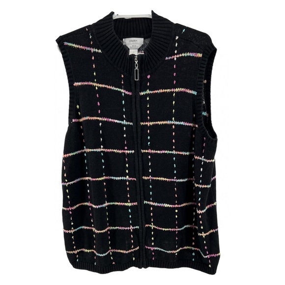 CJ Banks hand embroidered zip up cardigan sweater vest black pastel 2X ramie - Picture 1 of 8